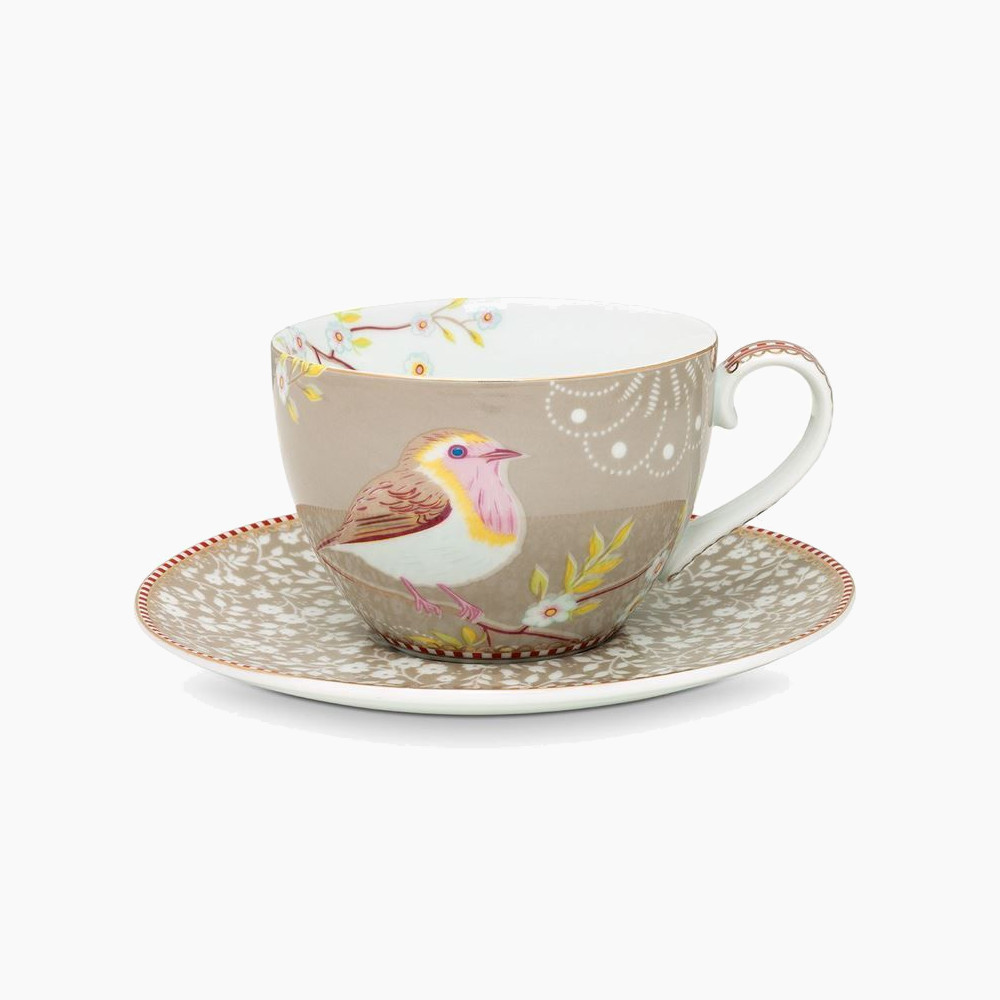 Floral Cappuccino Cup & Saucer Early Bird Khaki
