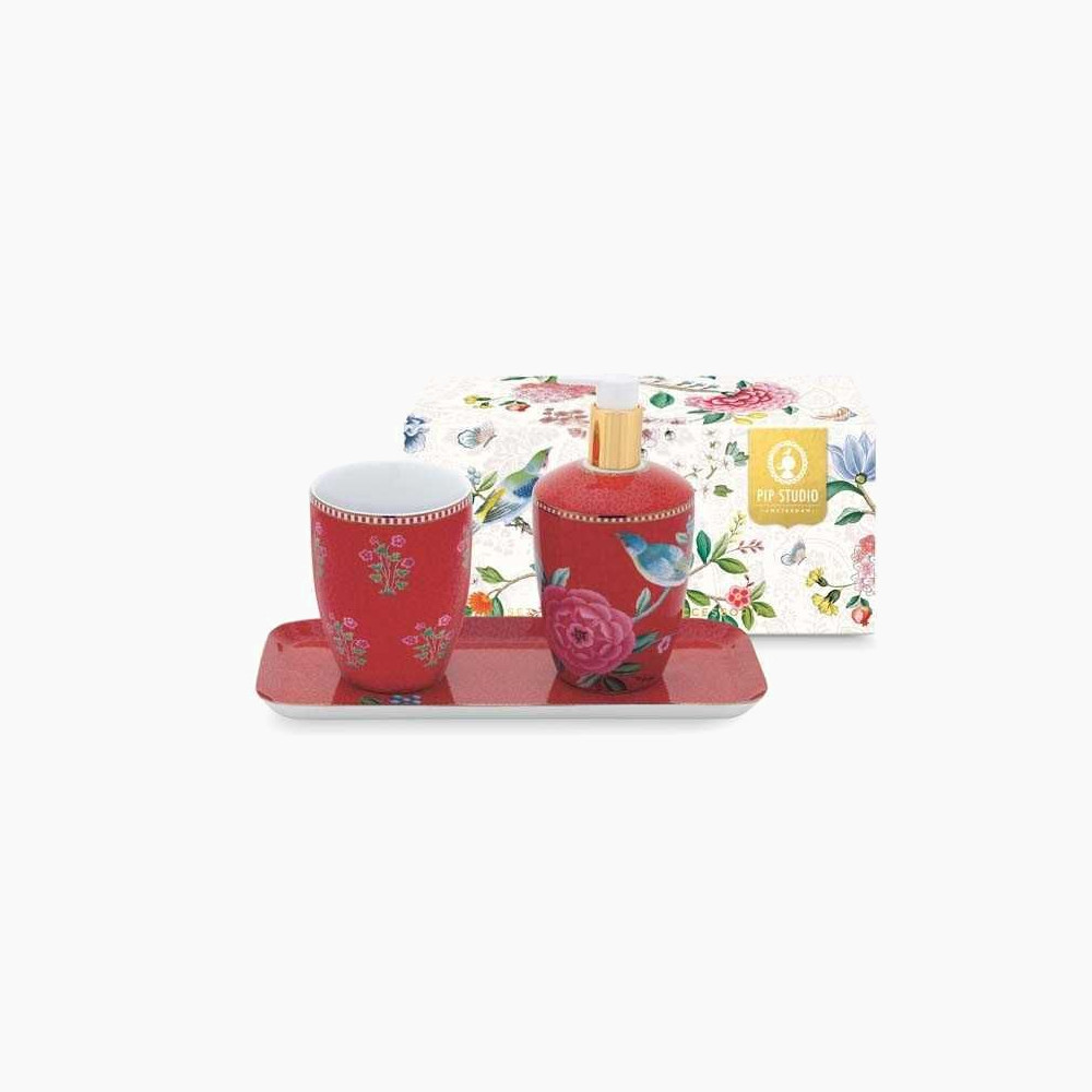 Bathroom Accessories Set Floral Good Morning Red
