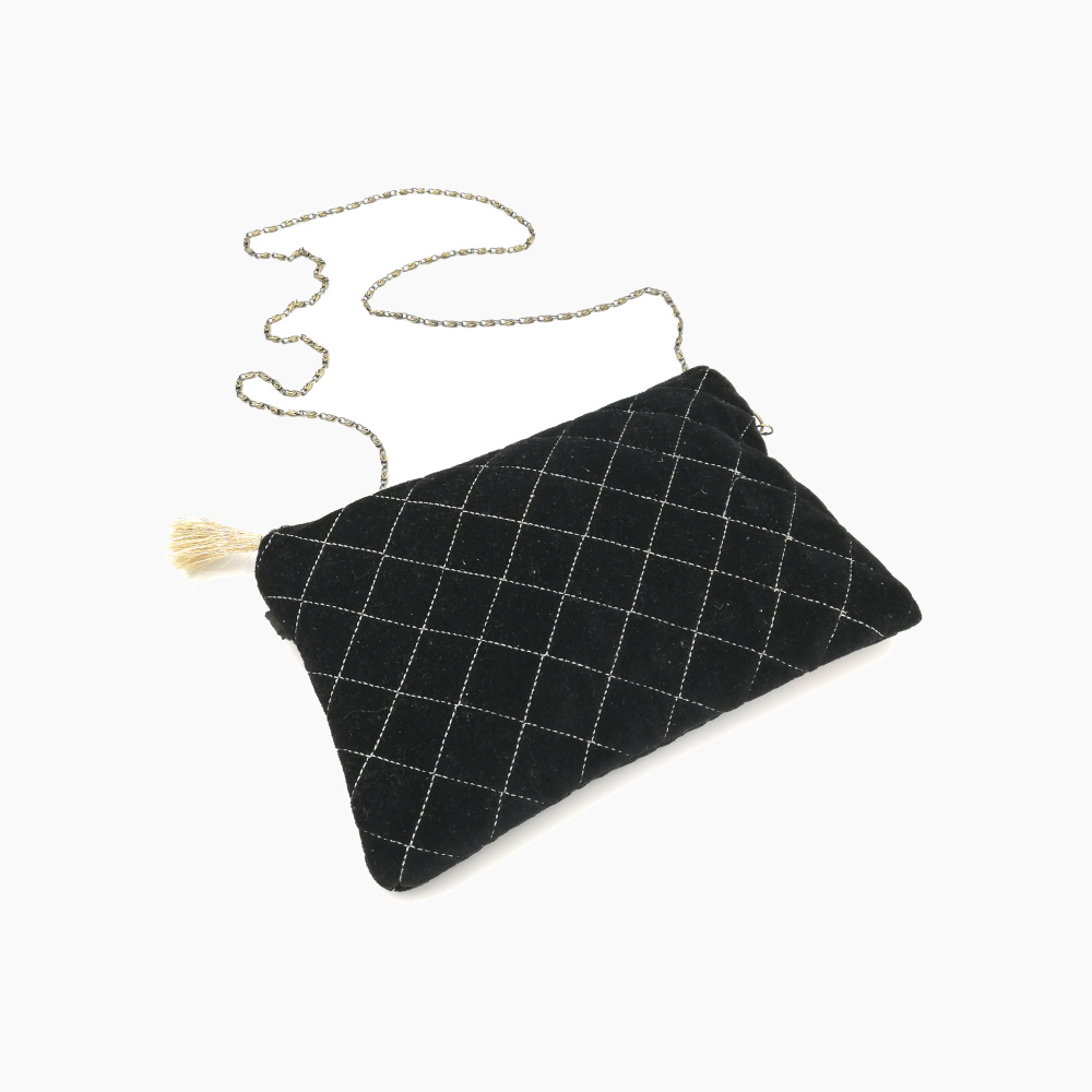 Black Velvet Handbag with Metal Strap