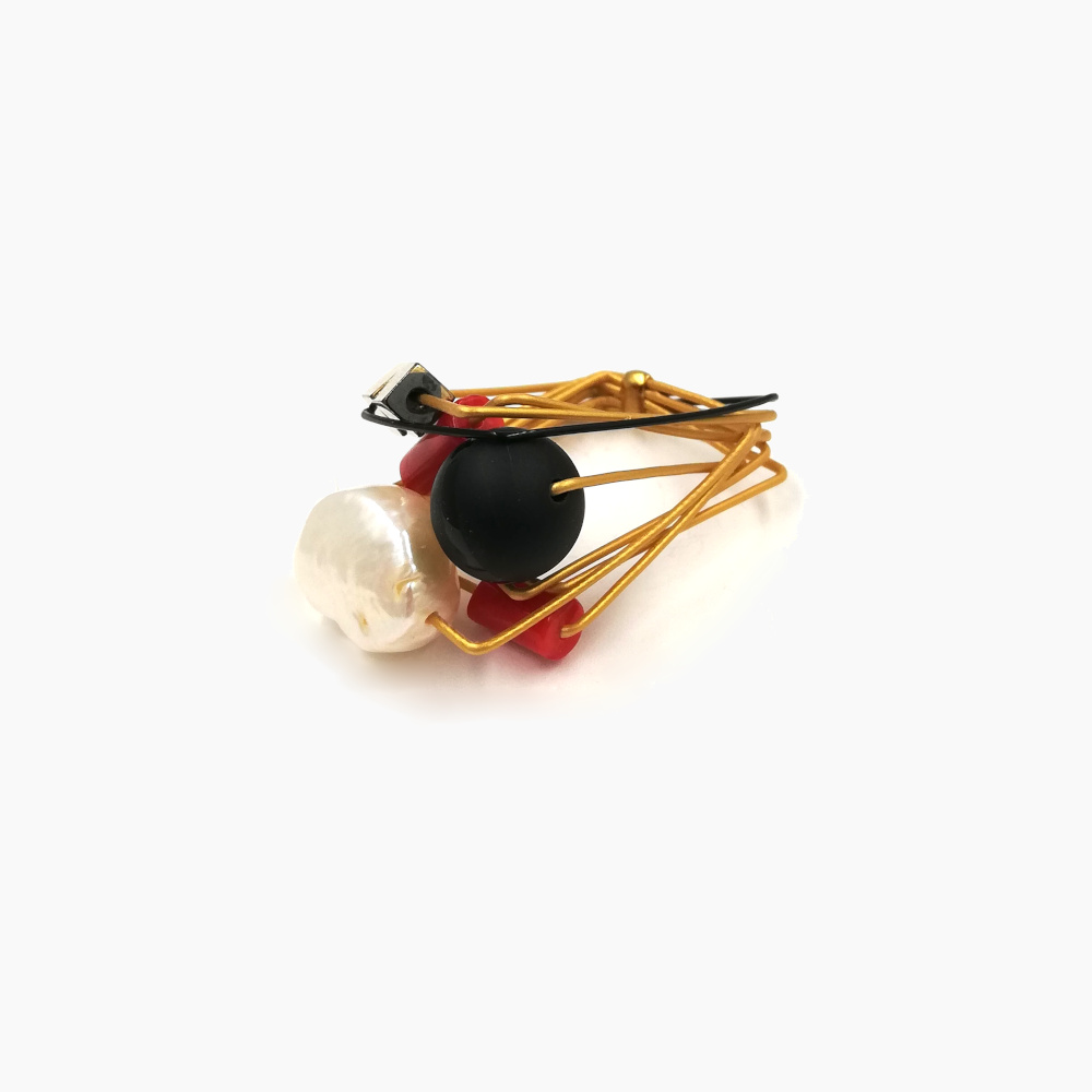 Gold Wire with Black, Red & Gold Objects & White Pearl