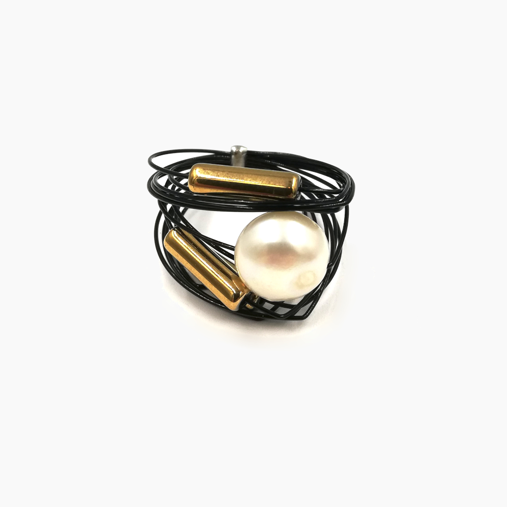 Black Wire with Gold Objects & White Pearl