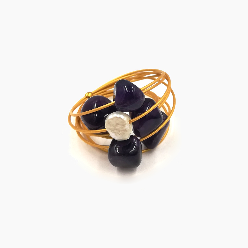Gold Wire with Purple Objects & One White Pearl