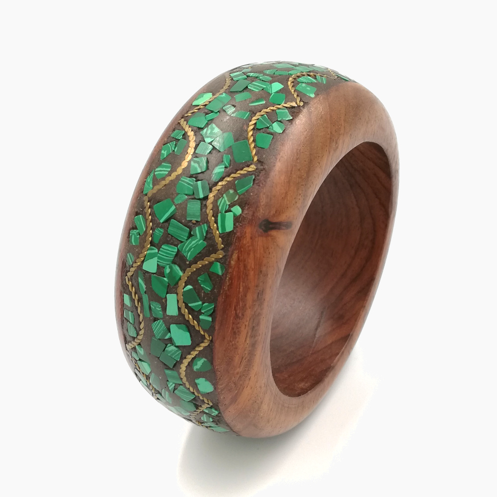 Solid Wood with inlet Green Stones & Gold Wire
